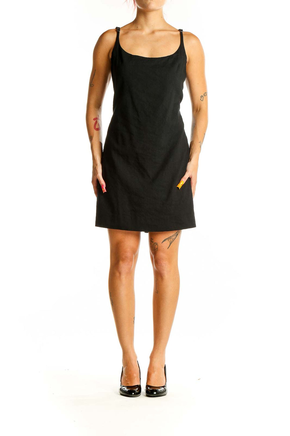 Front view of Rebecca Taylor black linen blend mini dress with thin straps