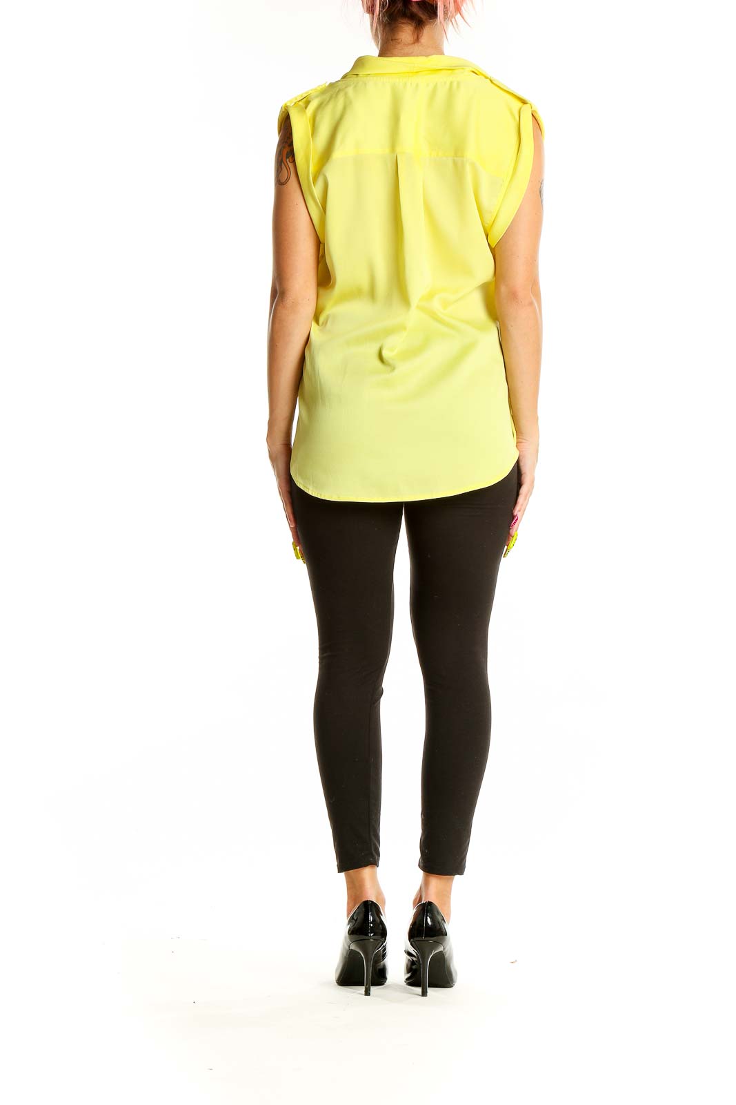 Back view of Ann Taylor yellow sleeveless wrap blouse on model