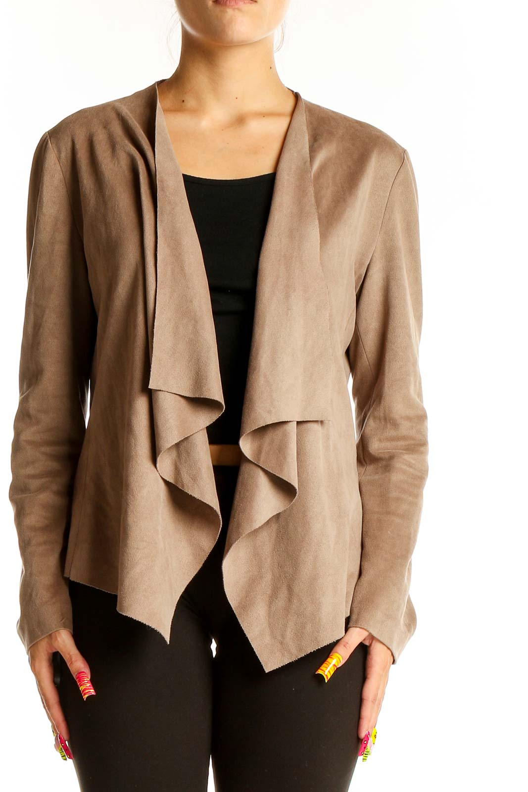 Front view of taupe Zara Basic draped jacket with open front design