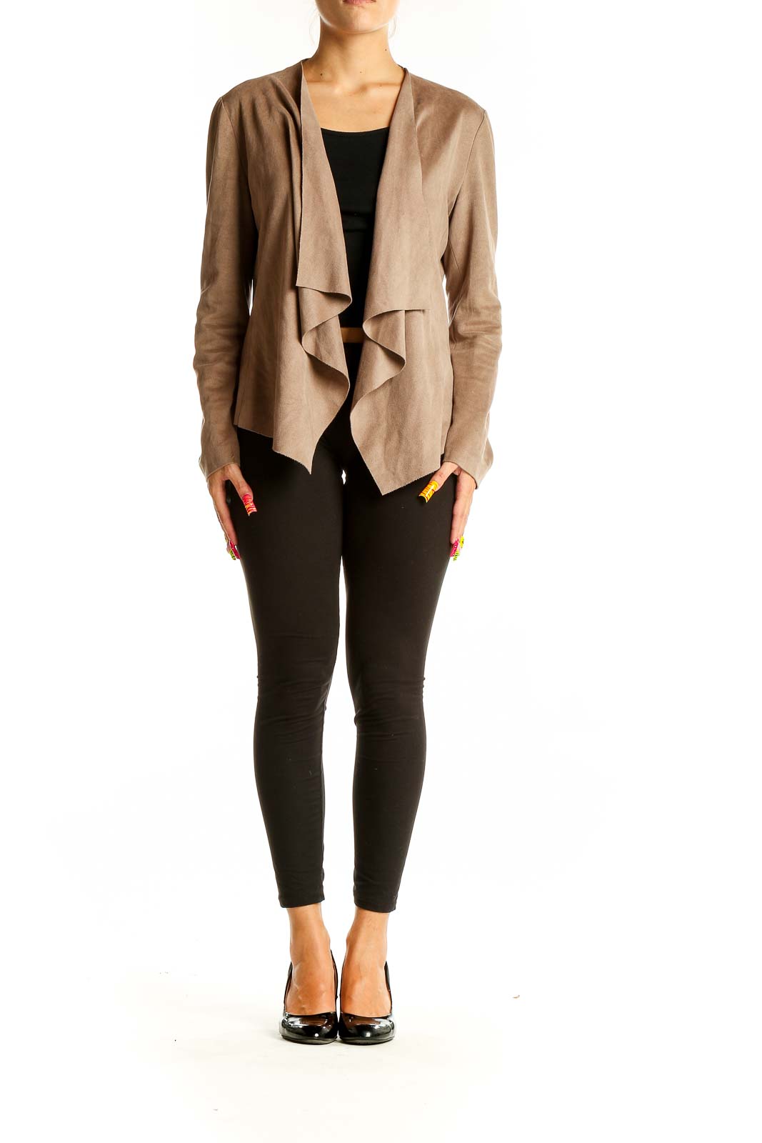 Front view of taupe Zara Basic draped jacket with open front design