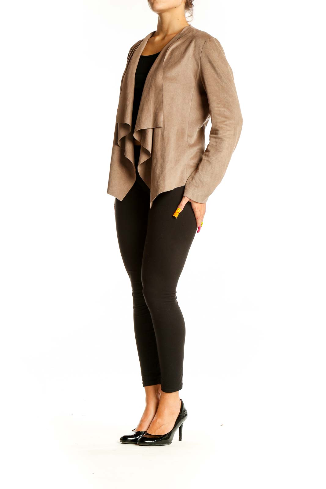 Front view of taupe Zara Basic draped jacket with open front design