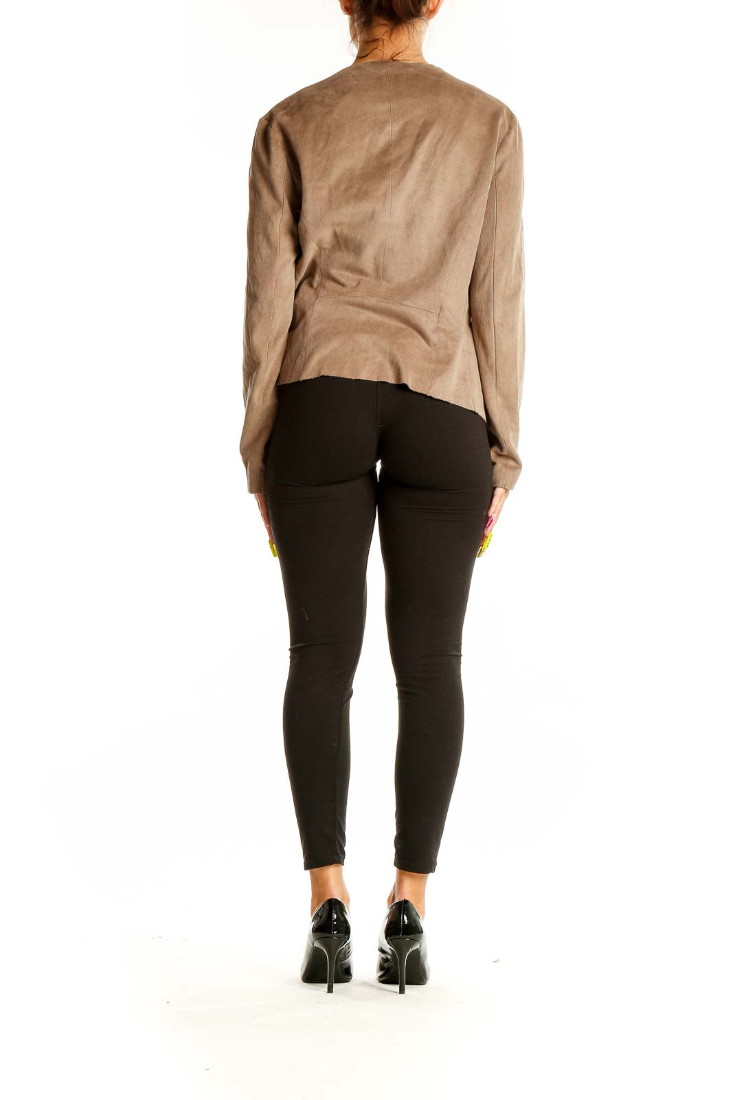 Back view of taupe Zara Basic draped jacket showing fitted silhouette