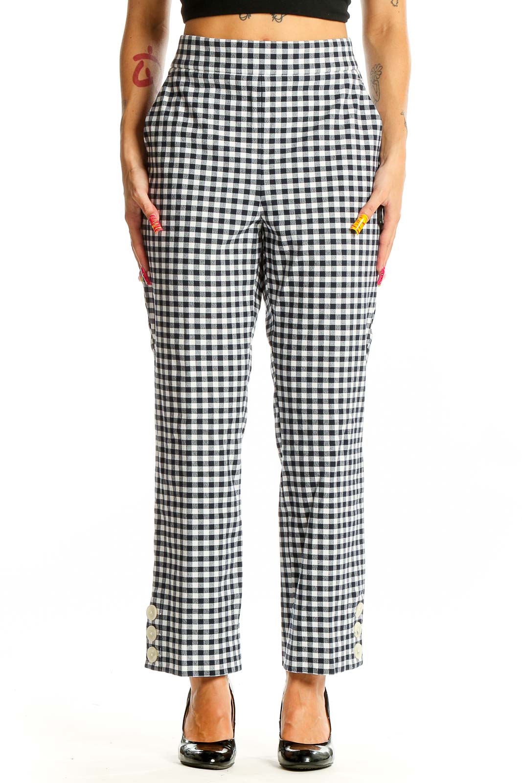 Front view of J.Crew black and white gingham check cropped pants