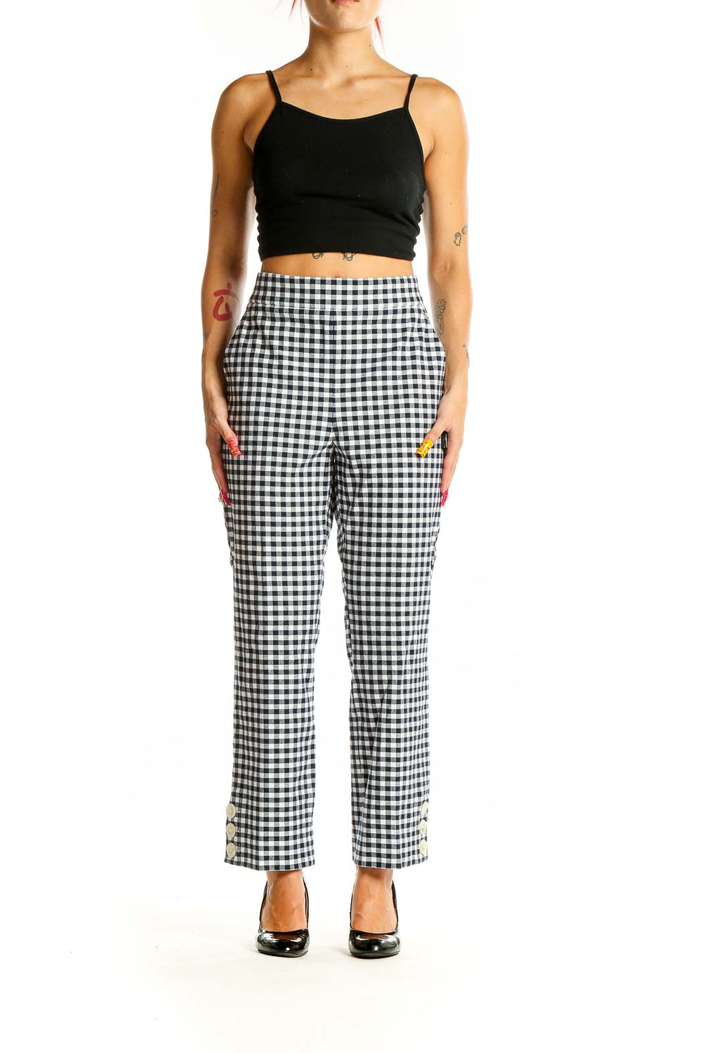 Front view of J.Crew black and white gingham check cropped pants