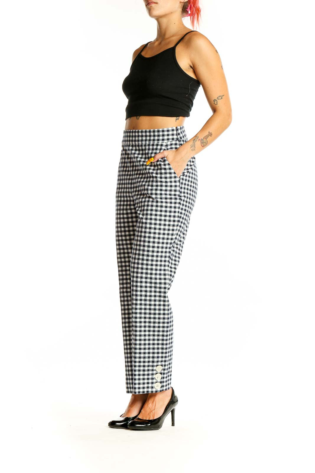 Front view of J.Crew black and white gingham check cropped pants