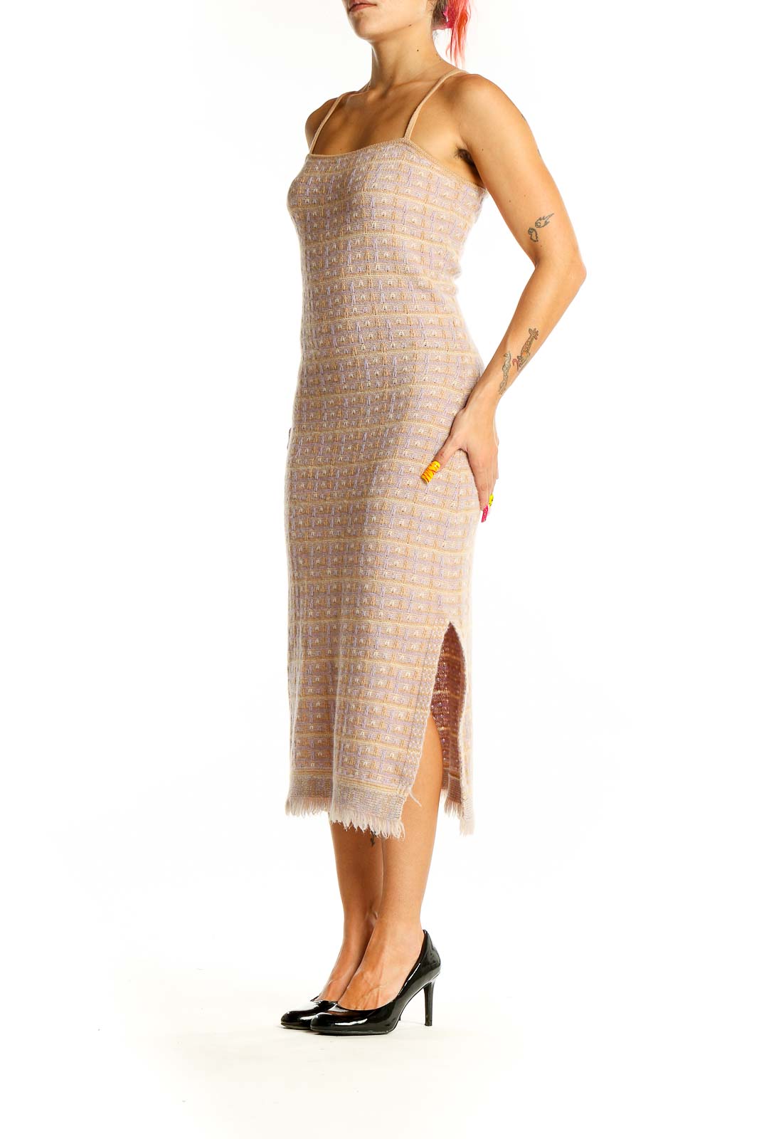 Beige Check Knit Dress