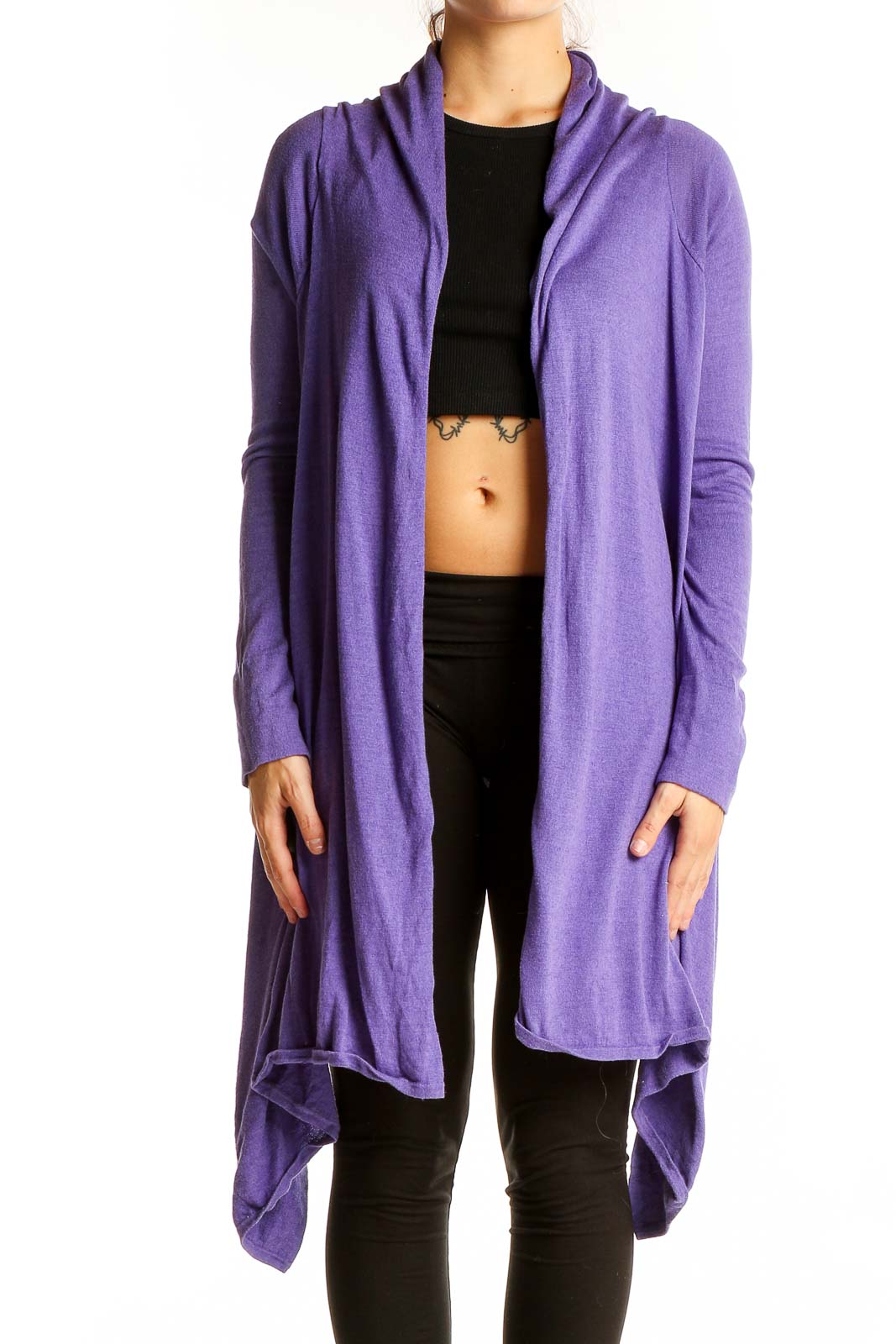 Front view of purple BCBG MaxAzria draped cashmere-silk cardigan