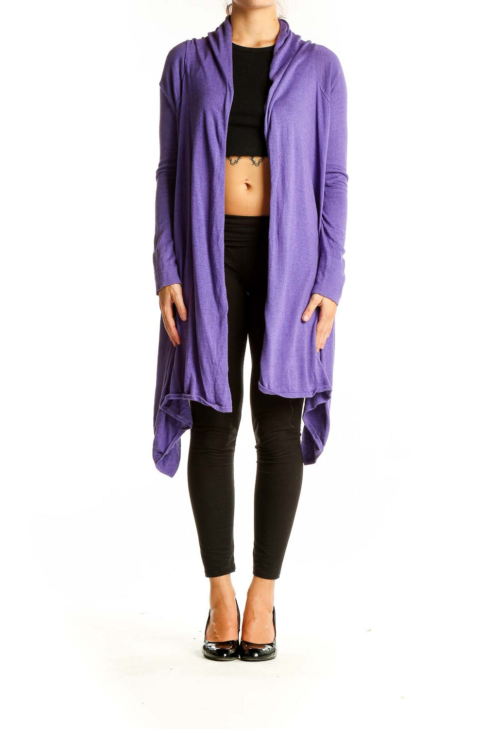 Front view of purple BCBG MaxAzria draped cashmere-silk cardigan