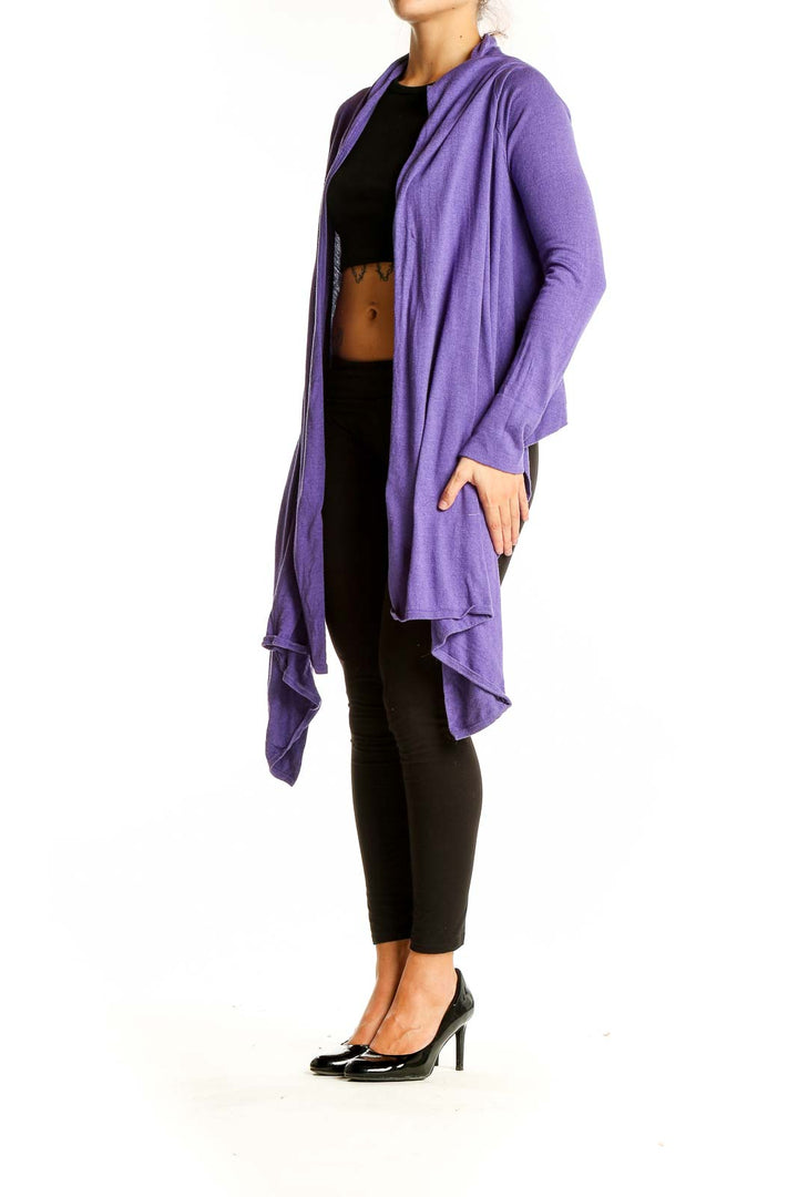 Front view of purple BCBG MaxAzria draped cashmere-silk cardigan