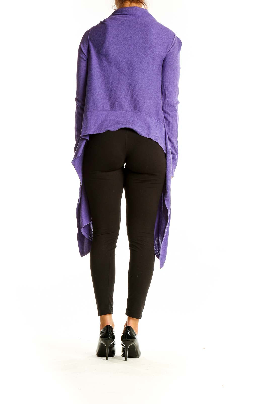 Back view of purple BCBG MaxAzria draped cashmere-silk cardigan showing asymmetrical hem