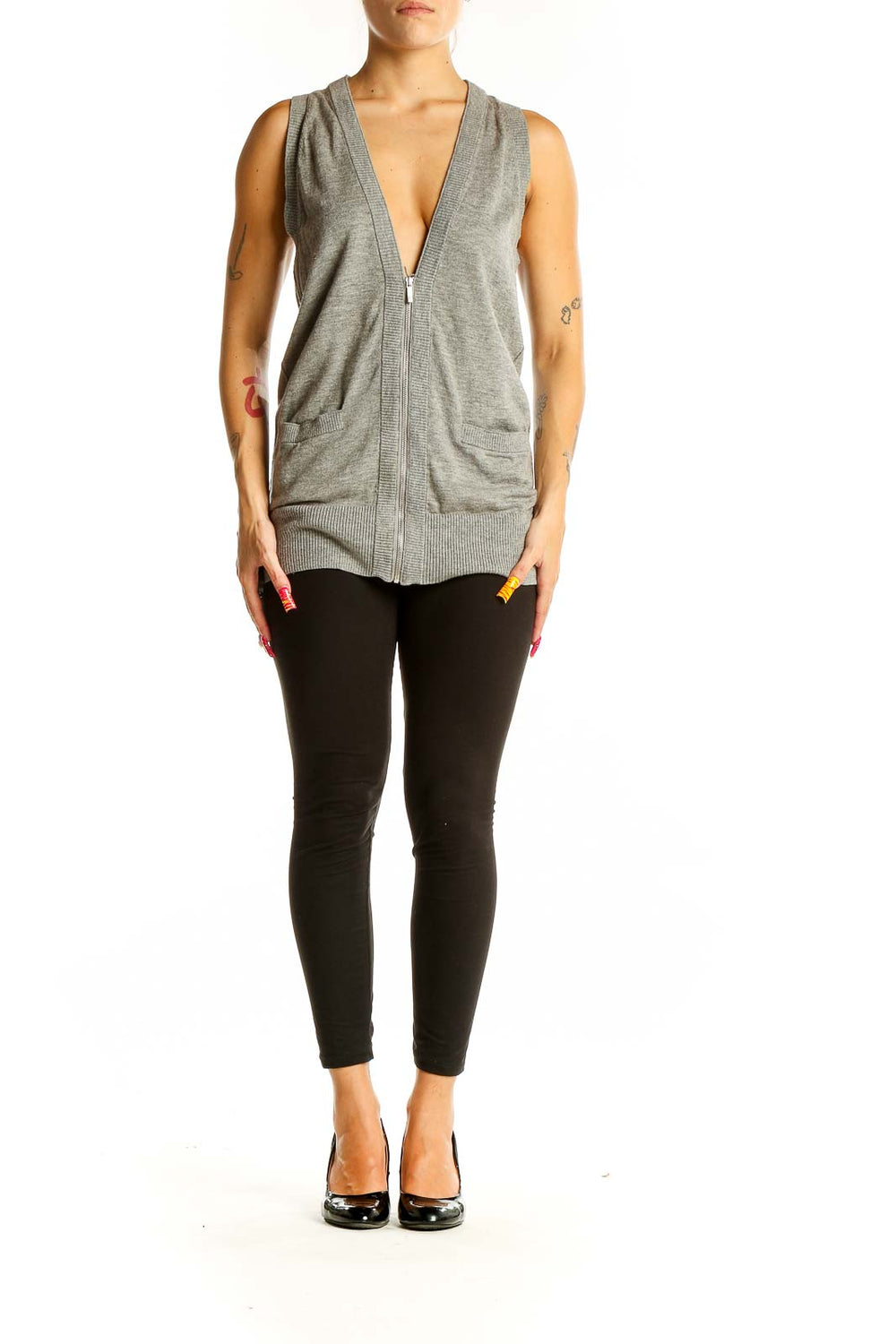 Front view of Banana Republic gray zip-up vest with V-neck and pockets