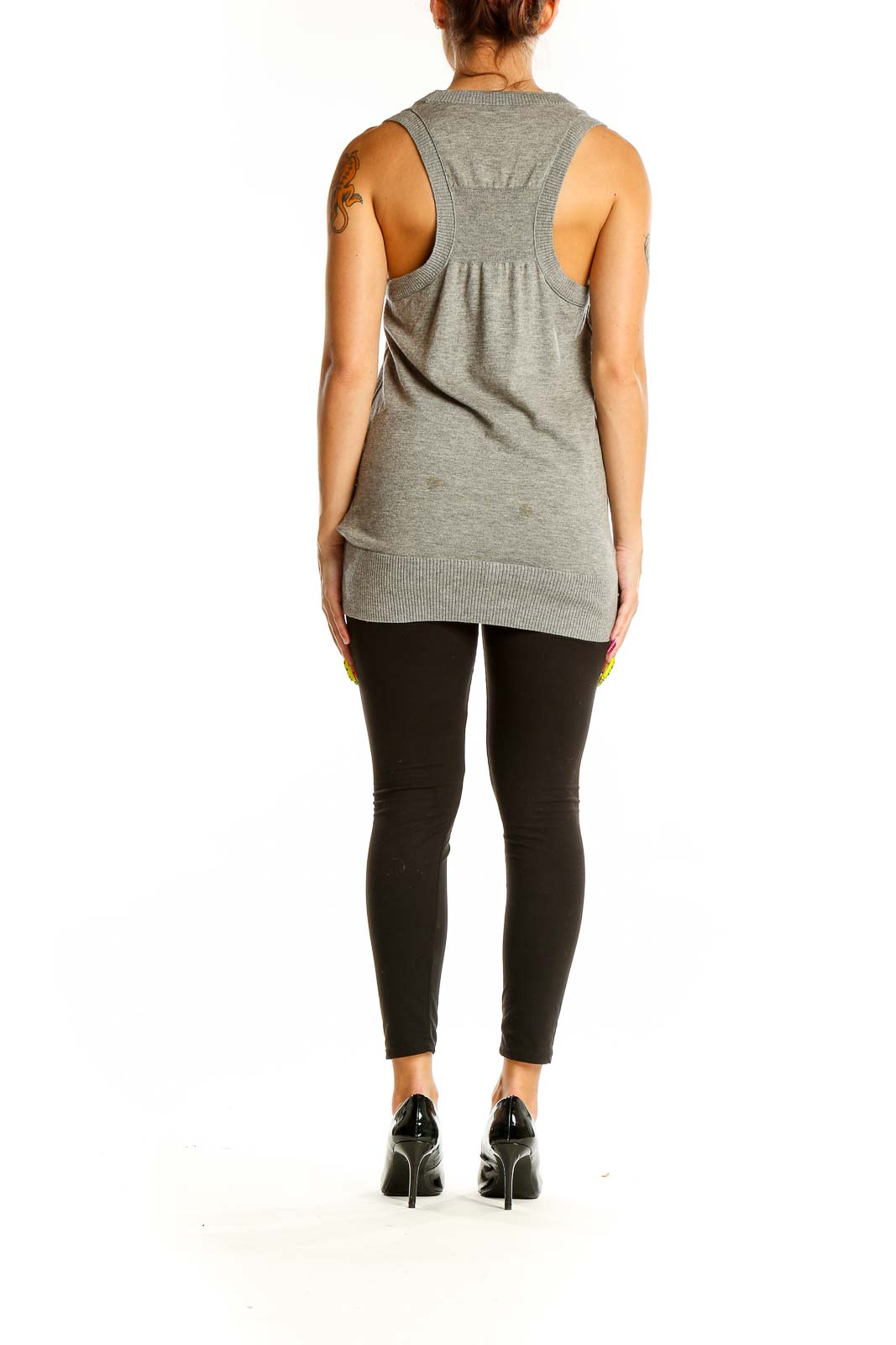 Back view of Banana Republic gray sleeveless vest showing racerback design