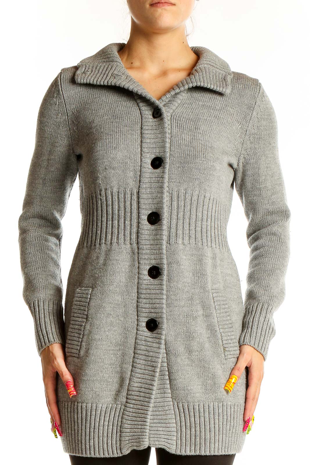 Front view of gray Banana Republic merino wool cardigan with button-front closure