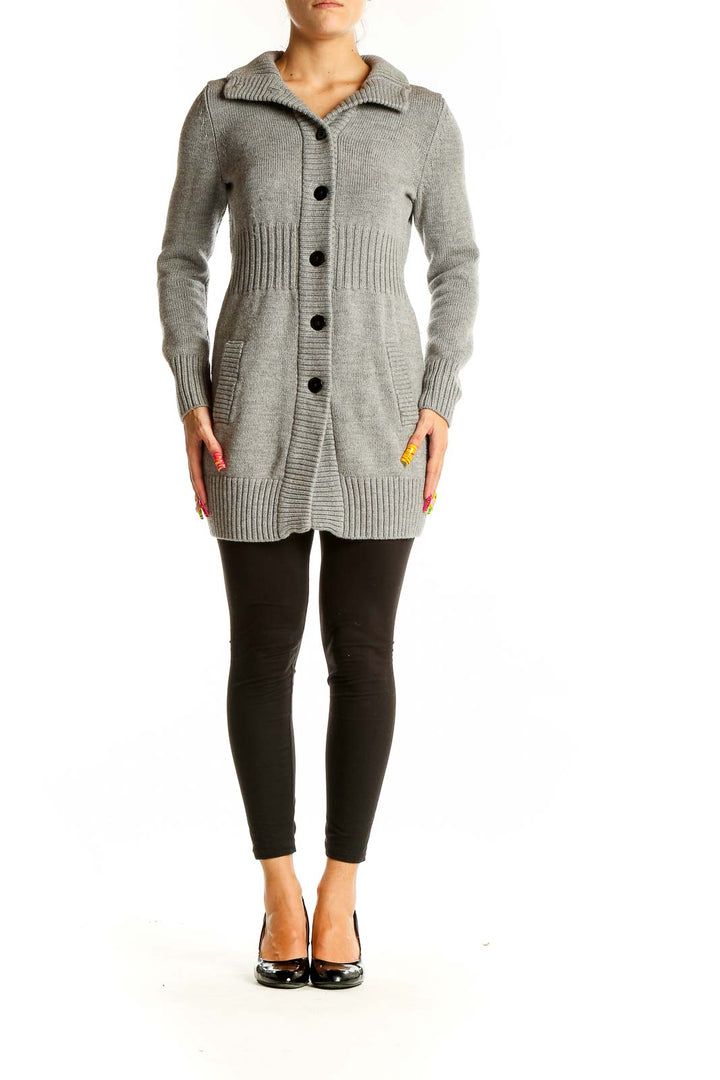 Front view of gray Banana Republic merino wool cardigan with button-front closure