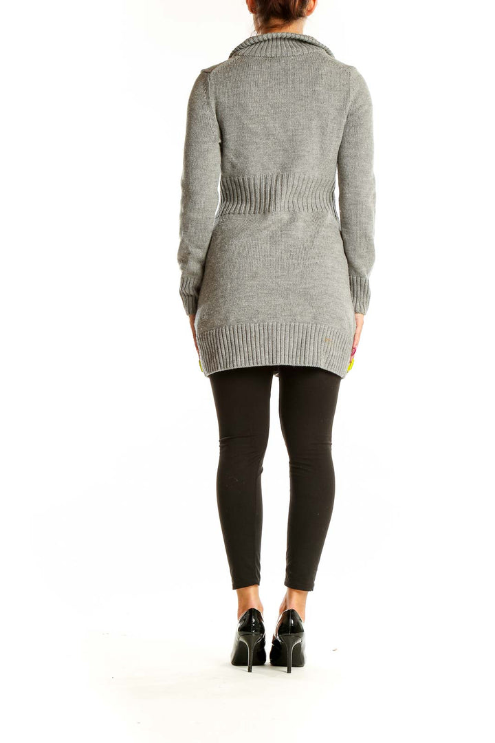 Back view of gray Banana Republic merino wool cardigan showing mid-length cut