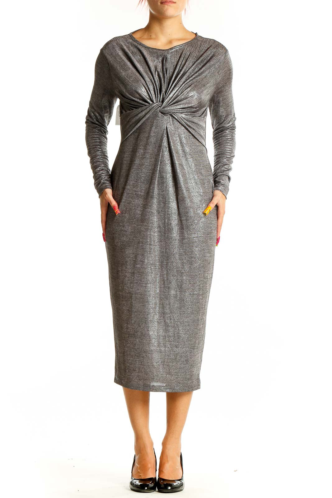 Front view of gray ASOS midi dress with twist-front detail