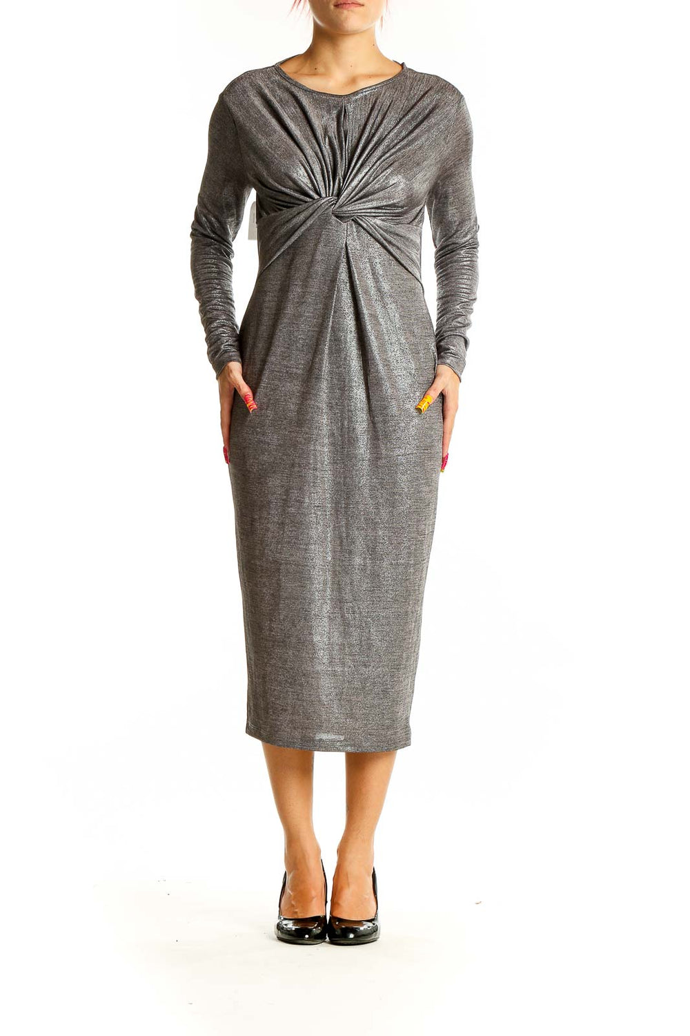 Front view of gray ASOS midi dress with twist-front detail