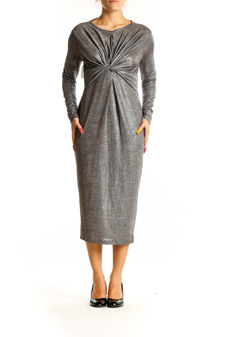 Front view of gray ASOS midi dress with twist-front detail