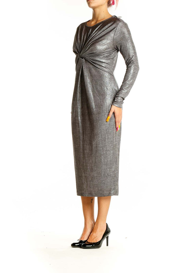 Front view of gray ASOS midi dress with twist-front detail