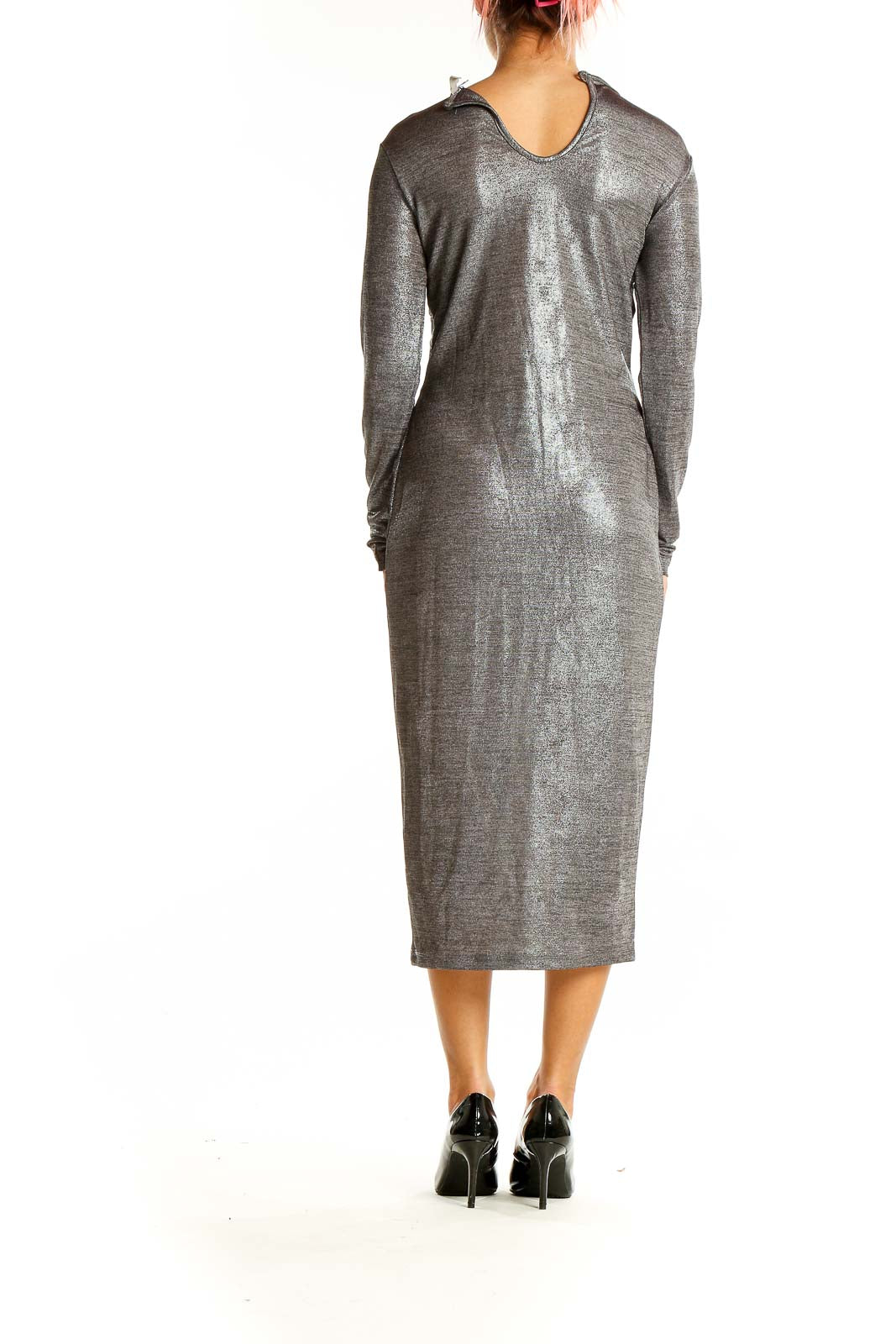 Back view of shimmering gray ASOS midi dress