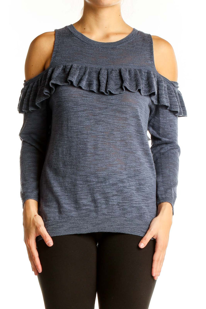 Front view of gray Express knit top with cold shoulders and ruffle detail