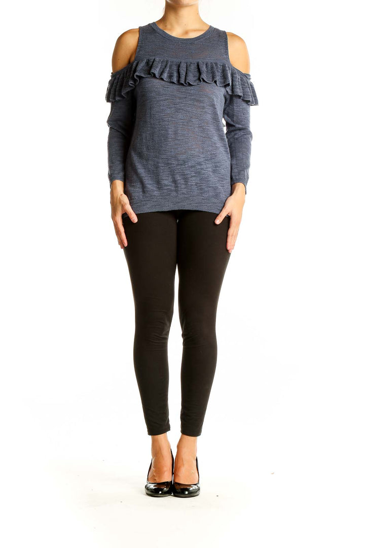 Front view of gray Express knit top with cold shoulders and ruffle detail