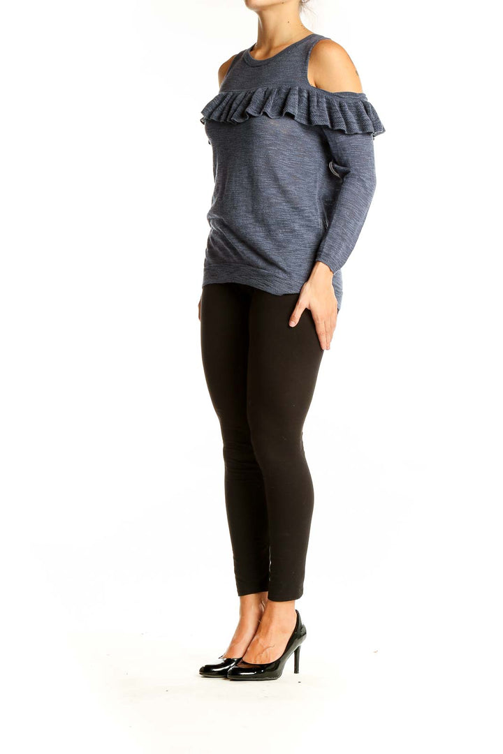 Front view of gray Express knit top with cold shoulders and ruffle detail