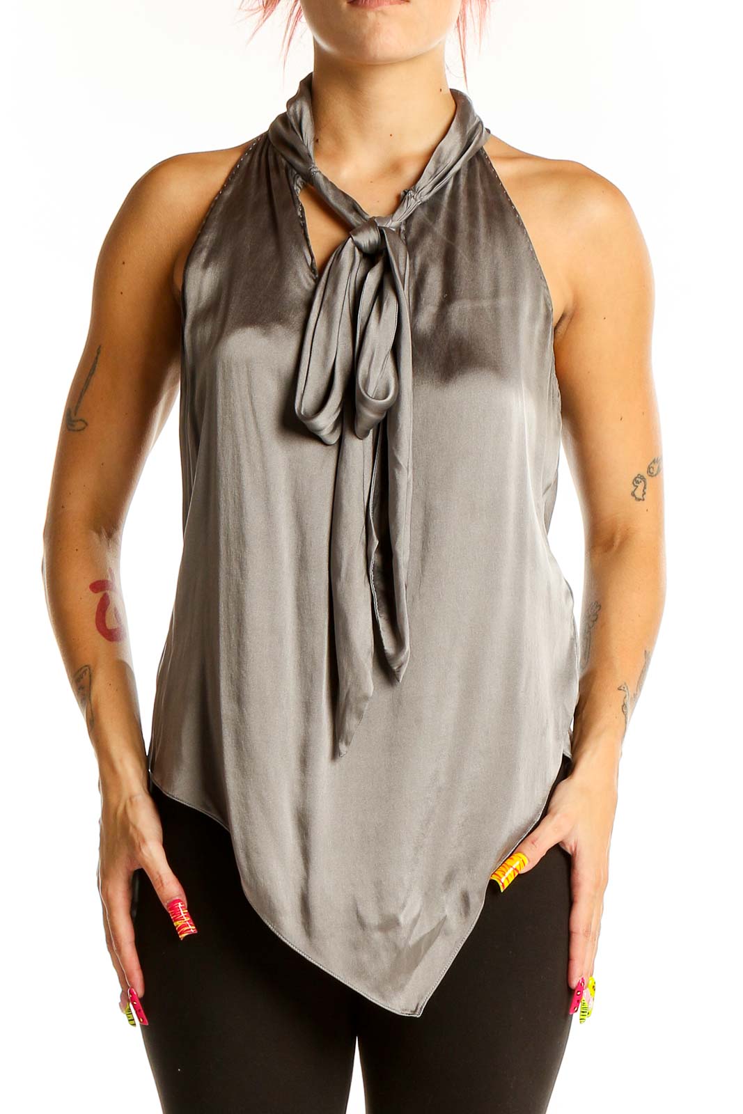 Front view of Elie Tahari gray silk halter top with tie neck