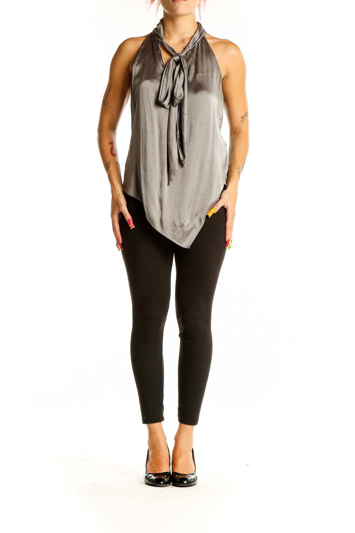 Front view of Elie Tahari gray silk halter top with tie neck