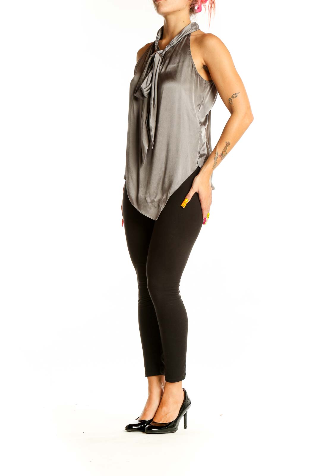 Front view of Elie Tahari gray silk halter top with tie neck