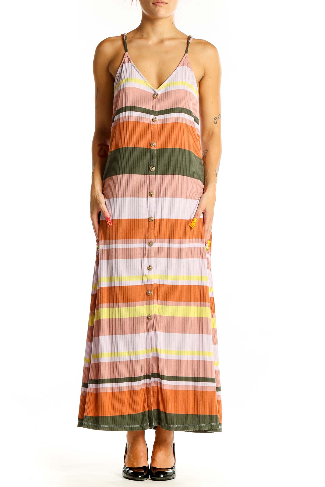 Front view of LOFT multicolor striped button-down maxi dress