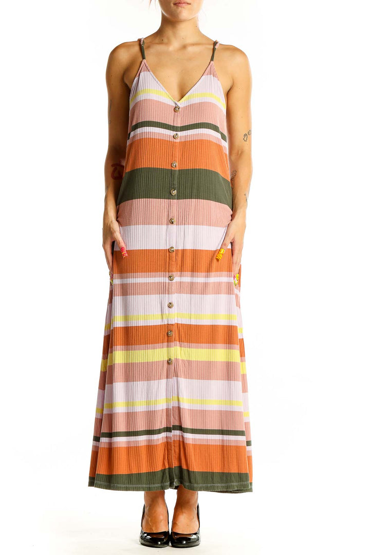 Front view of LOFT multicolor striped button-down maxi dress