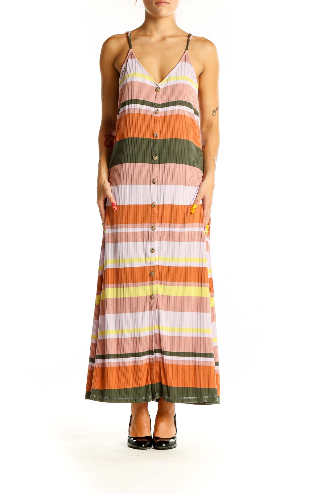 Front view of LOFT multicolor striped button-down maxi dress