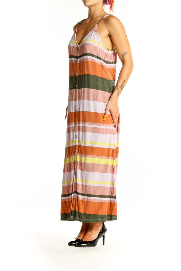 Front view of LOFT multicolor striped button-down maxi dress