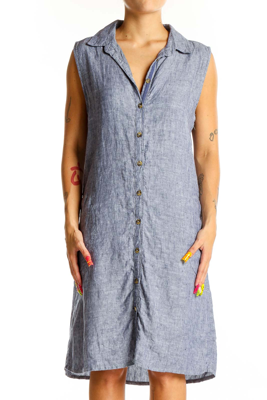 Front view of Tahari blue linen sleeveless shirt dress