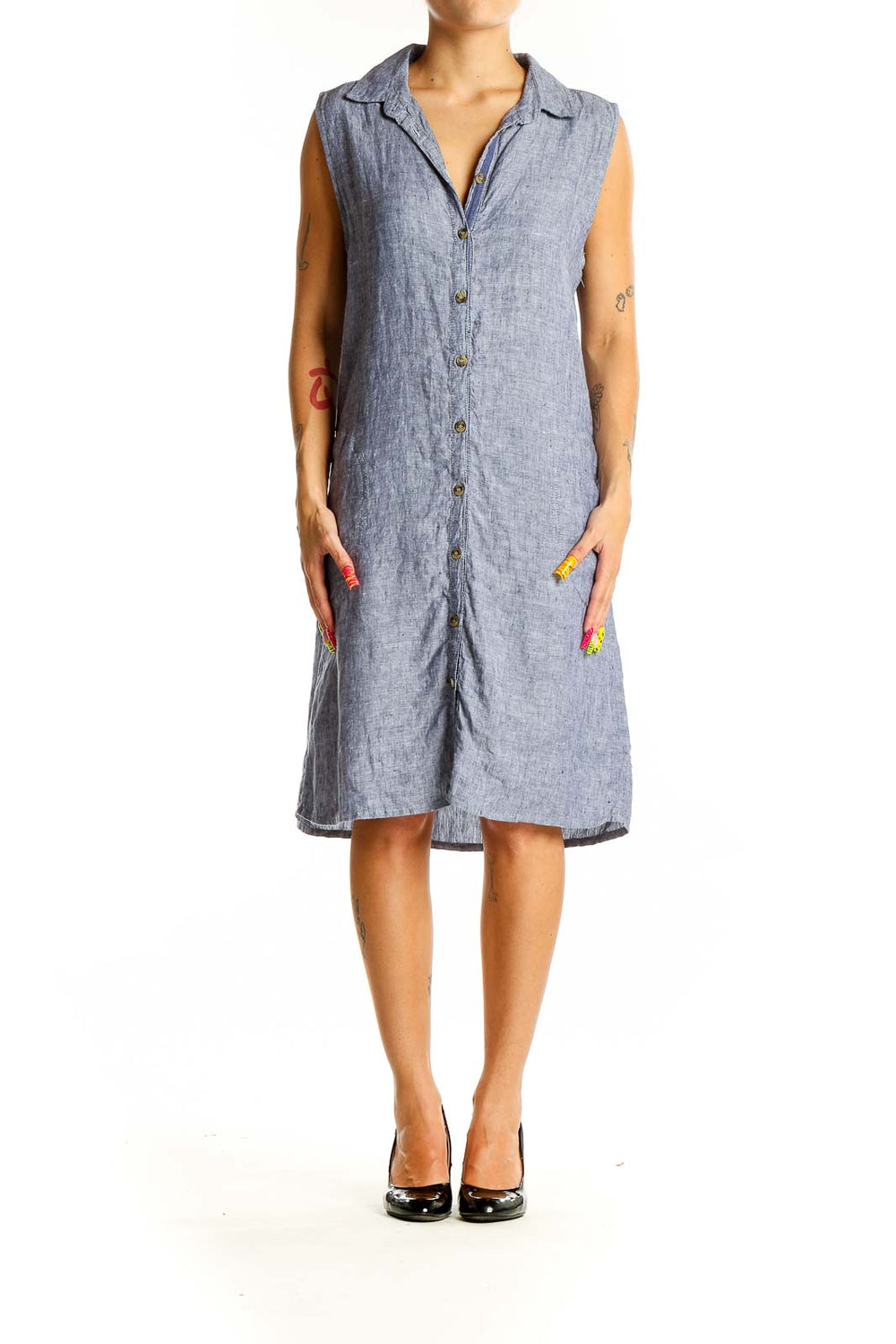 Front view of Tahari blue linen sleeveless shirt dress