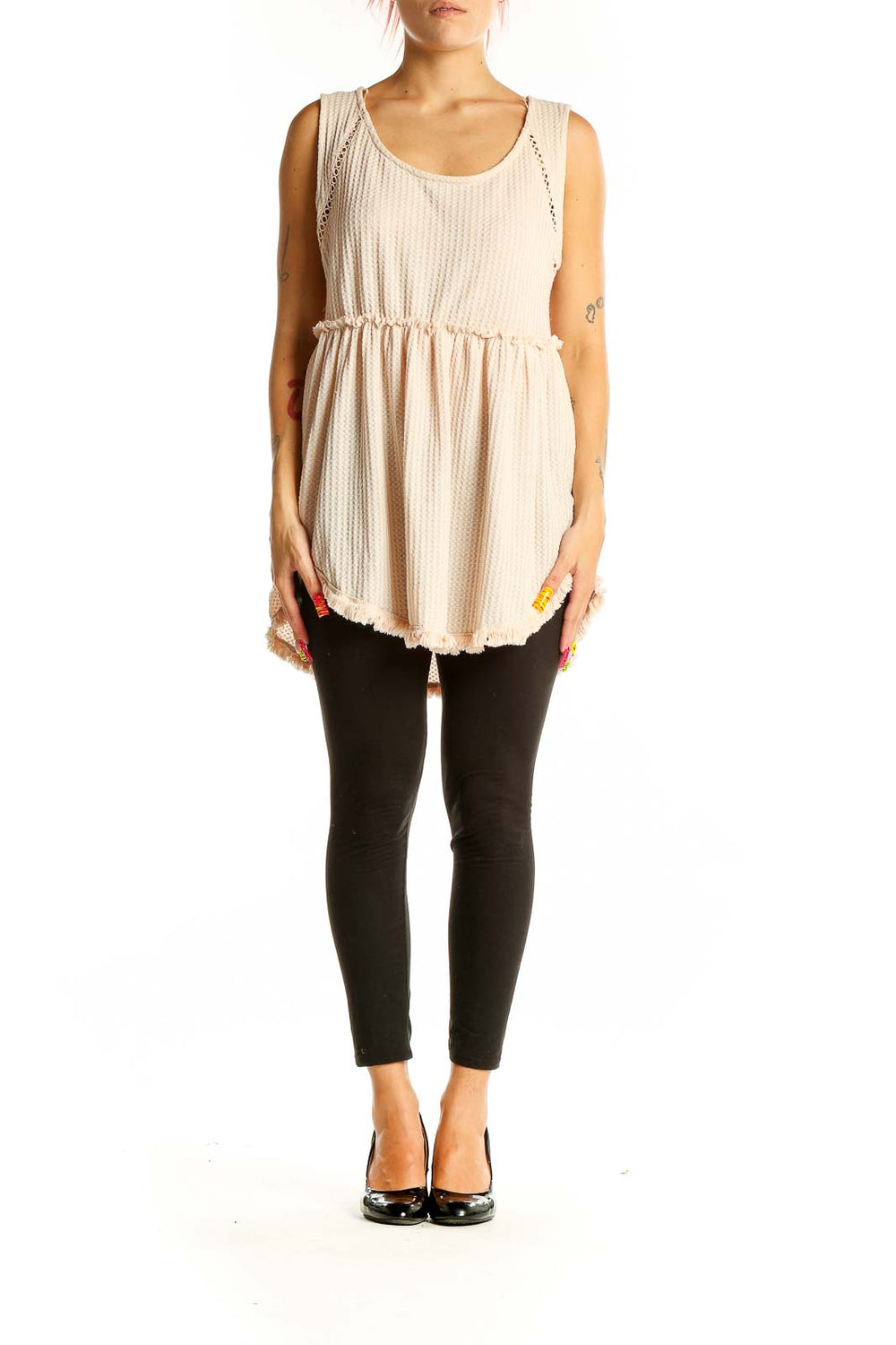 Front view of Umgee beige textured babydoll tank top with empire waist