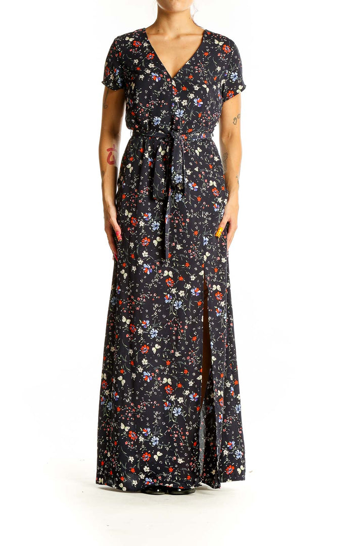 Front view of Sanctuary black floral print maxi dress with V-neck and wrap-style design