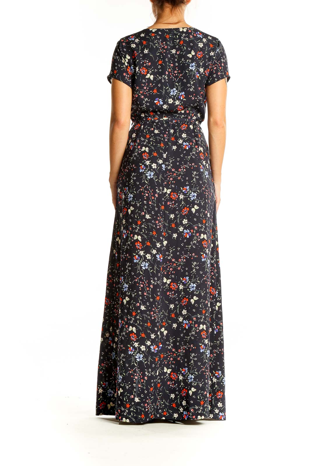 Back view of Sanctuary black floral print maxi dress showing full-length silhouette