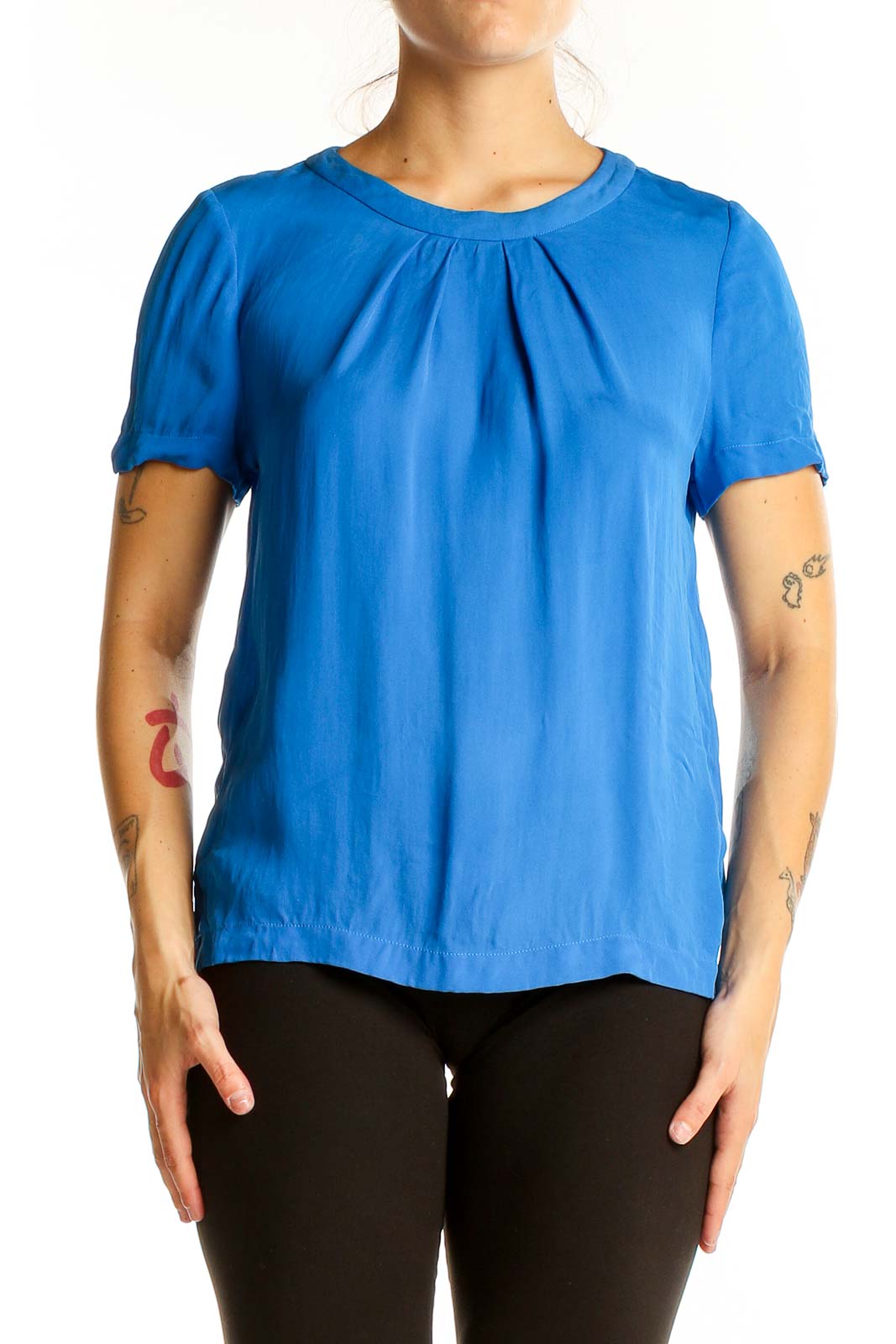 Front view of J.Crew blue silk blouse with gathered neckline