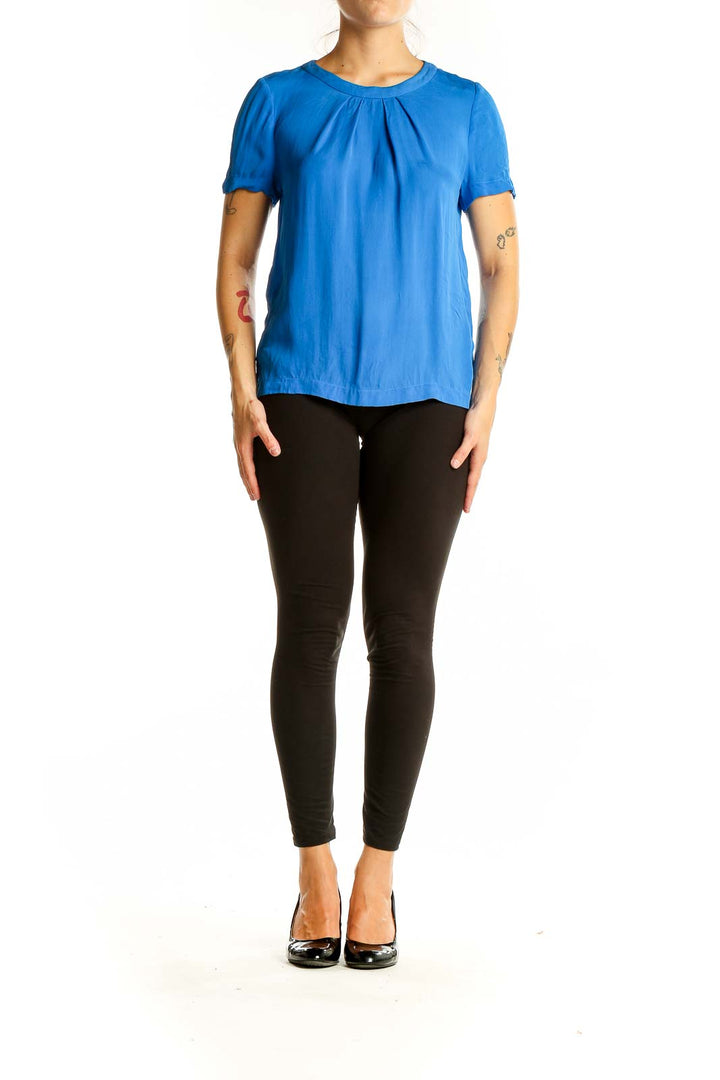 Front view of J.Crew blue silk blouse with gathered neckline