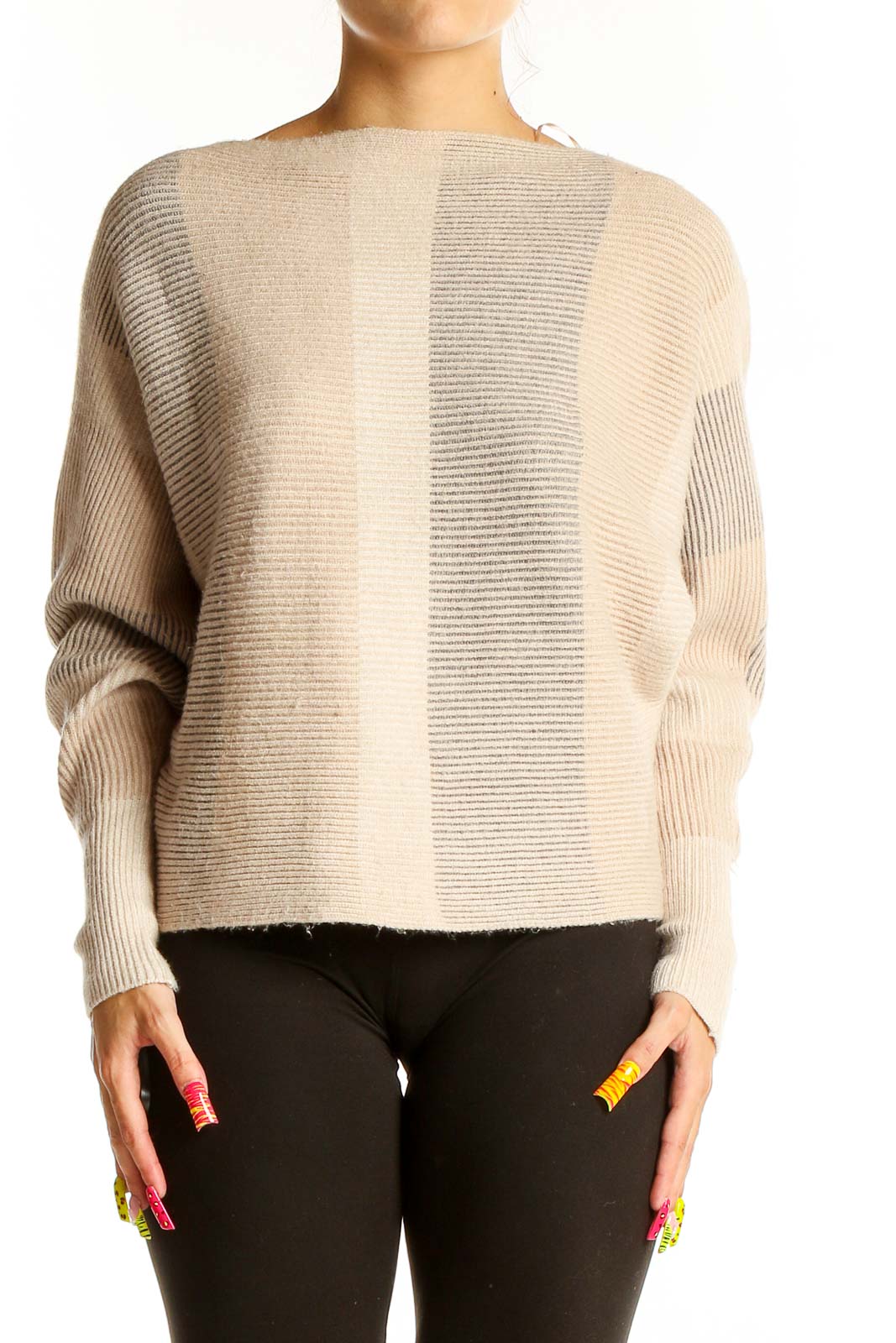 Front view of beige striped oversized knit sweater by Philosophy