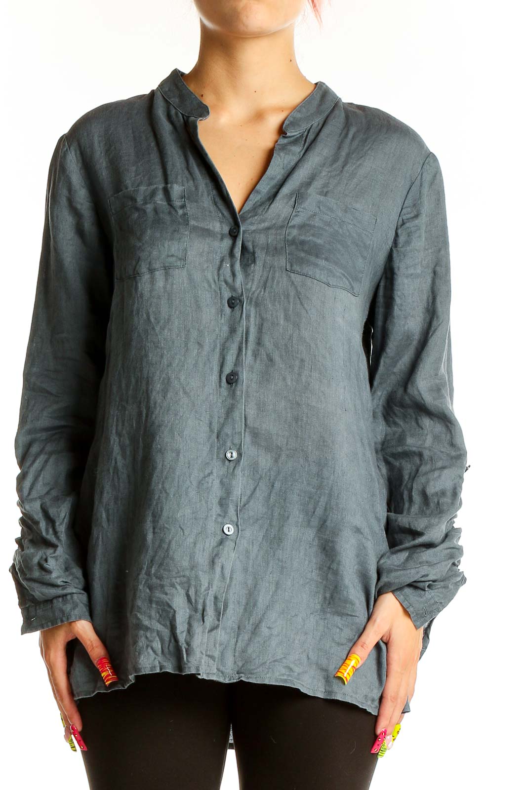 Front view of Jones New York gray linen button-down shirt on model