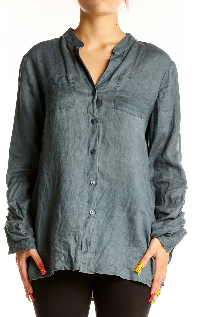 Front view of Jones New York gray linen button-down shirt on model