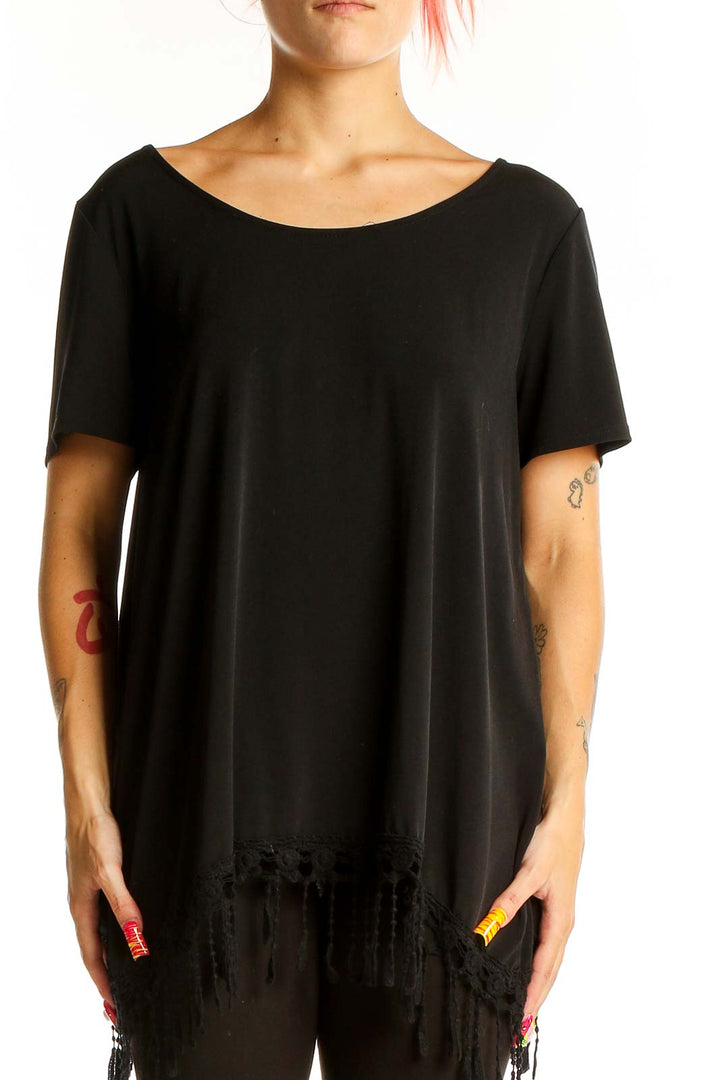 Front view of ALYX black oversized t-shirt with fringe detail