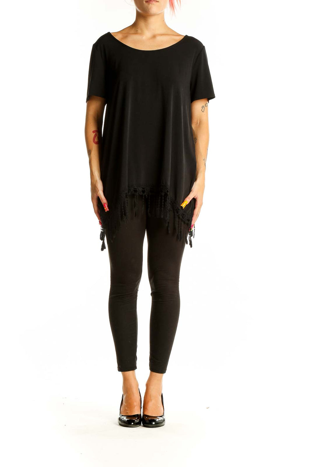 Front view of ALYX black oversized t-shirt with fringe detail