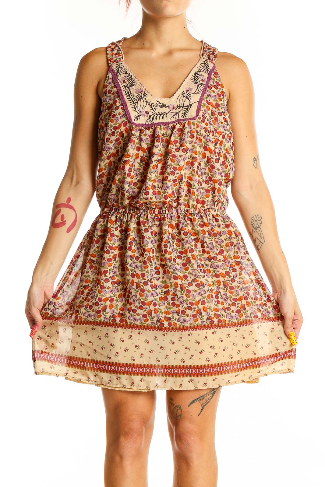 Front view of Jessica Simpson floral print sleeveless summer dress with V-neck and elasticated waist