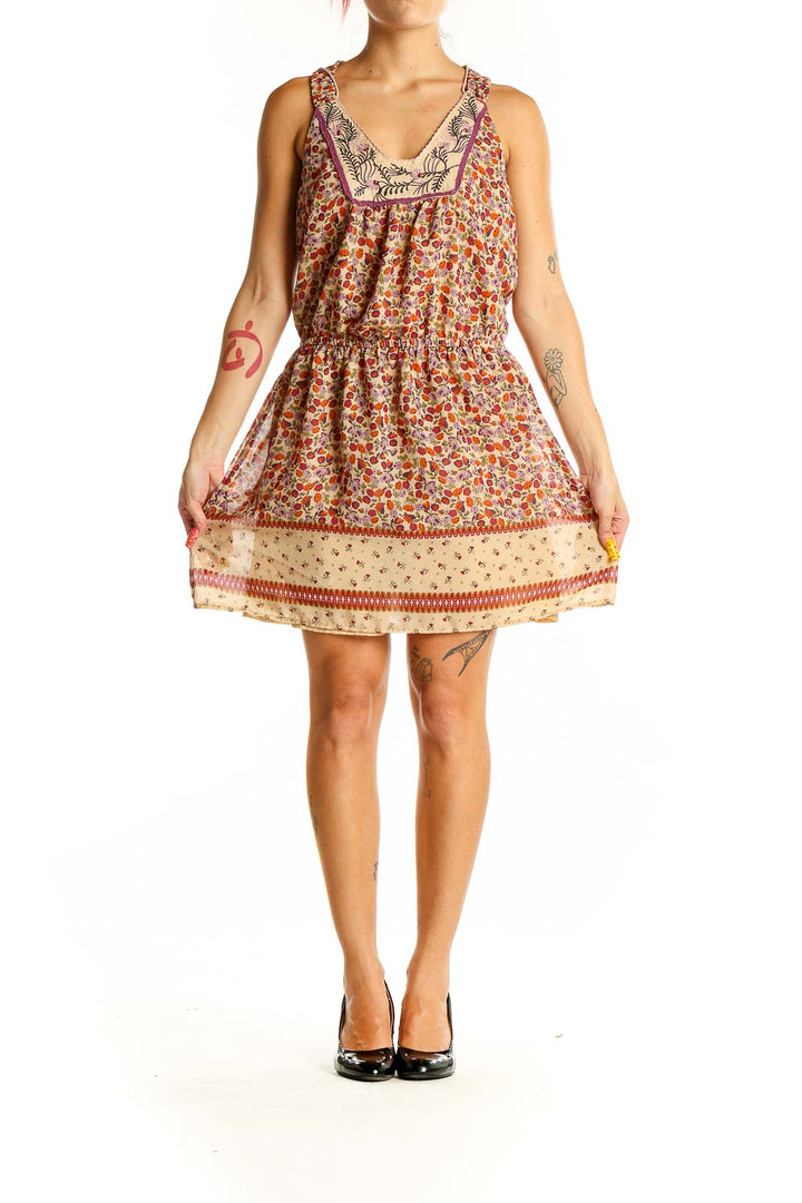 Front view of Jessica Simpson floral print sleeveless summer dress with V-neck and elasticated waist