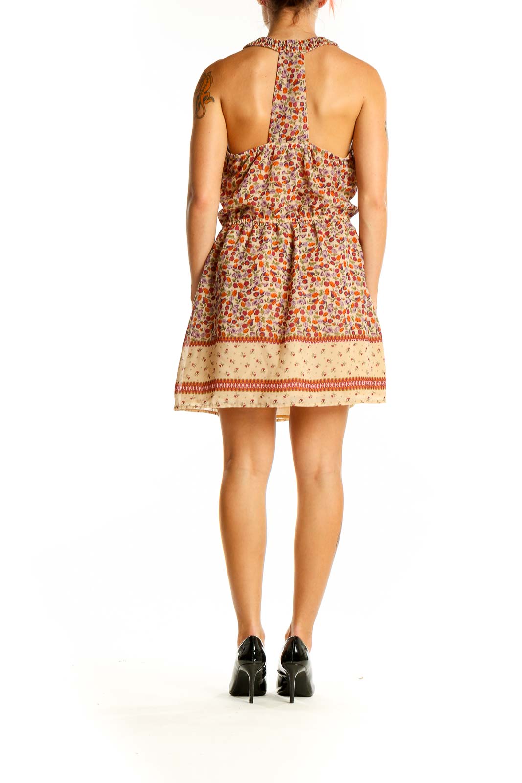 Back view of Jessica Simpson floral print sleeveless summer dress showing racerback design