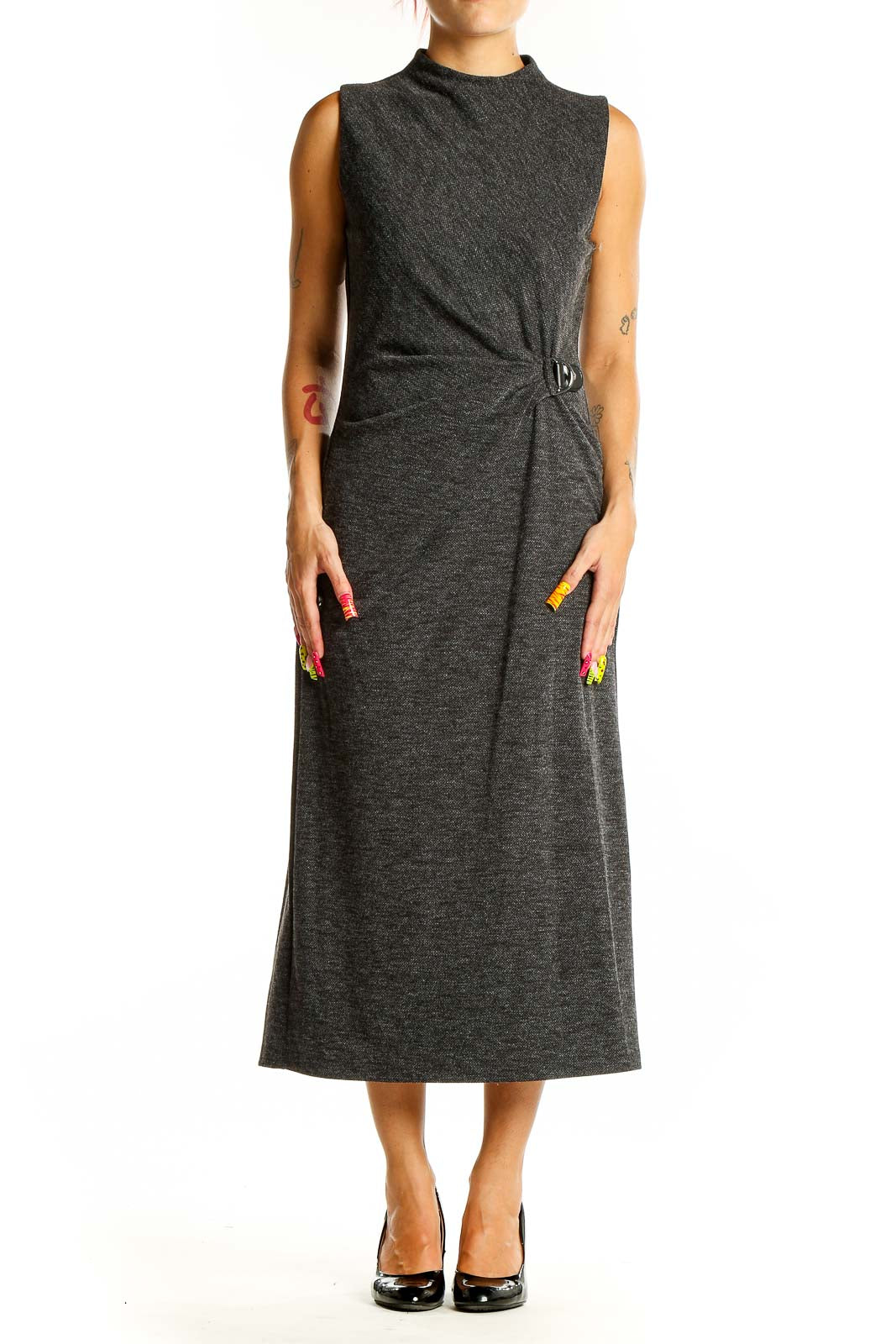 Front view of Lauren Ralph Lauren charcoal sleeveless midi dress with gathered waist